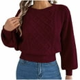 thumbnail image 1 of Cable Knit Sweaters for Women Crew Neck Lantern Sleeve Cropped Pullover Knit Fall Outfits Warm Chunky Cute Winter Clothing, 1 of 8