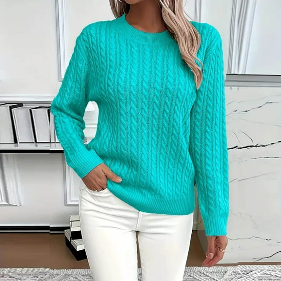 Cable Knit Sweaters for Women Cropped Sweater Long Sleeve Crewneck Pullover Knit Jumper Top