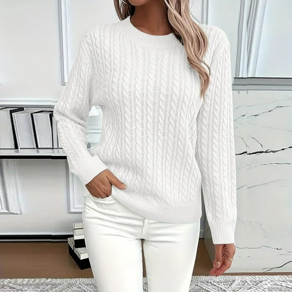 Cable Knit Sweaters for Women Cropped Sweater Long Sleeve Crewneck Pullover Knit Jumper Top