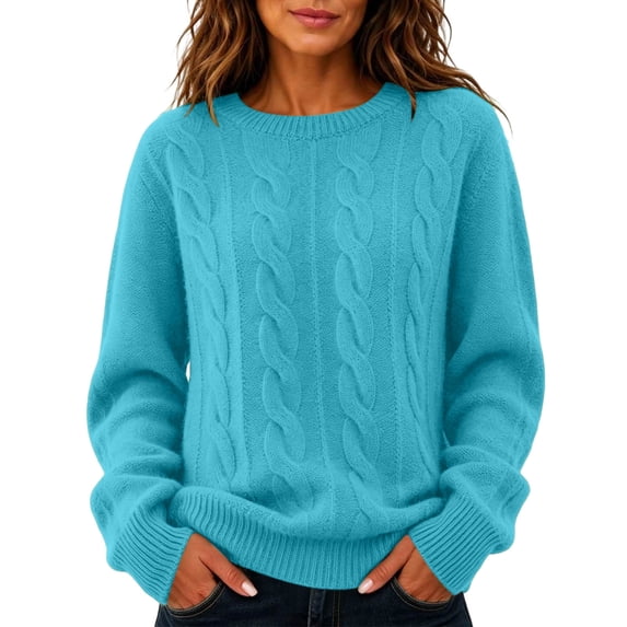 Cable Knit Sweaters for Women Fall Winter Retro Casual Soft Crewneck Plain Pullover Ladies Long Sleeve Tops (L, Sky Blue)