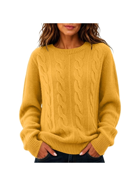 Cable Knit Sweaters for Women Fall Winter Retro Casual Soft Crewneck Plain Pullover Ladies Long Sleeve Tops (L, Yellow)