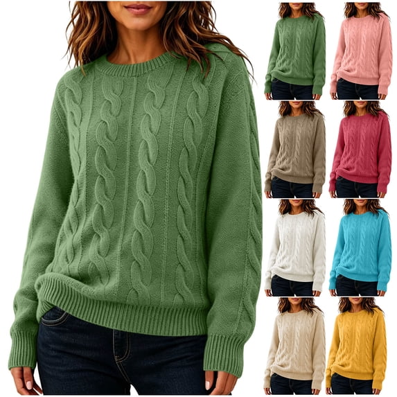 Cable Knit Sweaters for Women Fall Winter Retro Casual Soft Crewneck Plain Pullover Ladies Long Sleeve Tops (M, Green)
