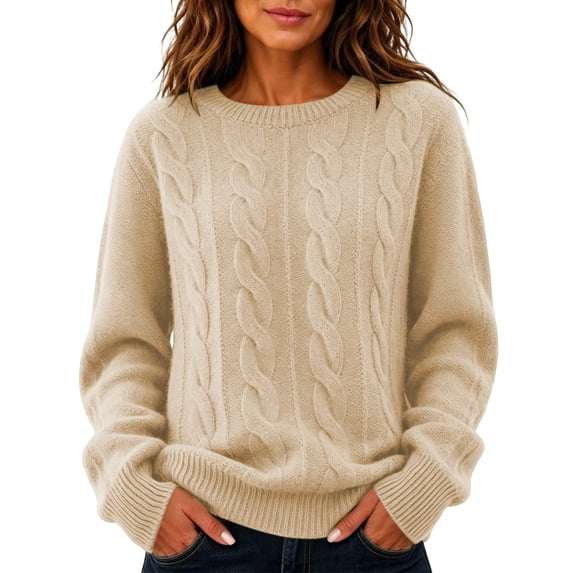 Cable Knit Sweaters for Women Fall Winter Retro Casual Soft Crewneck Plain Pullover Ladies Long Sleeve Tops (S, Beige)