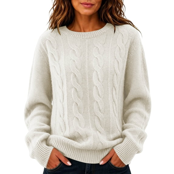 Cable Knit Sweaters for Women Fall Winter Retro Casual Soft Crewneck Plain Pullover Ladies Long Sleeve Tops (XL, White)