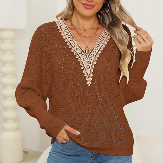 Cable Knit Sweaters for Women Long Sleeve Knit Jumper Top Pullover Crochet Sweater Fall Outfits for Women Business Casual Outfits for Women
