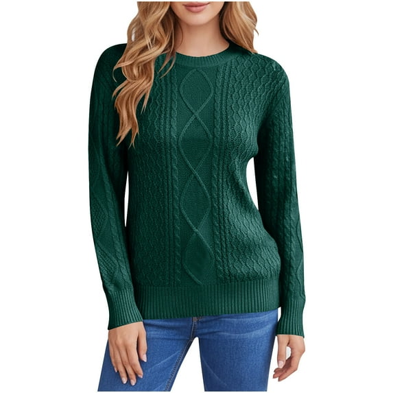 Cable Knit Sweaters for Women Trendy Fall Winter Loose Fit Crewneck Pullover Solid Color Casual Long Sleeve Tops (2XL, Green)