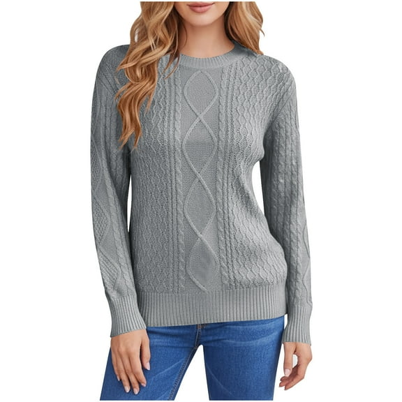 Cable Knit Sweaters for Women Trendy Fall Winter Loose Fit Crewneck Pullover Solid Color Casual Long Sleeve Tops (L, Gray)