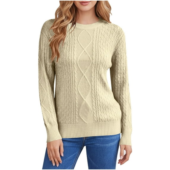 Cable Knit Sweaters for Women Trendy Fall Winter Loose Fit Crewneck Pullover Solid Color Casual Long Sleeve Tops (M, Beige)