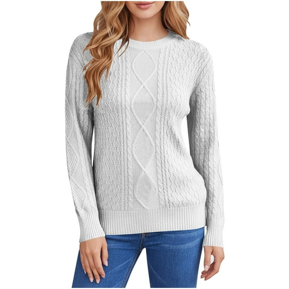 Cable Knit Sweaters for Women Trendy Fall Winter Loose Fit Crewneck Pullover Solid Color Casual Long Sleeve Tops (M, White)