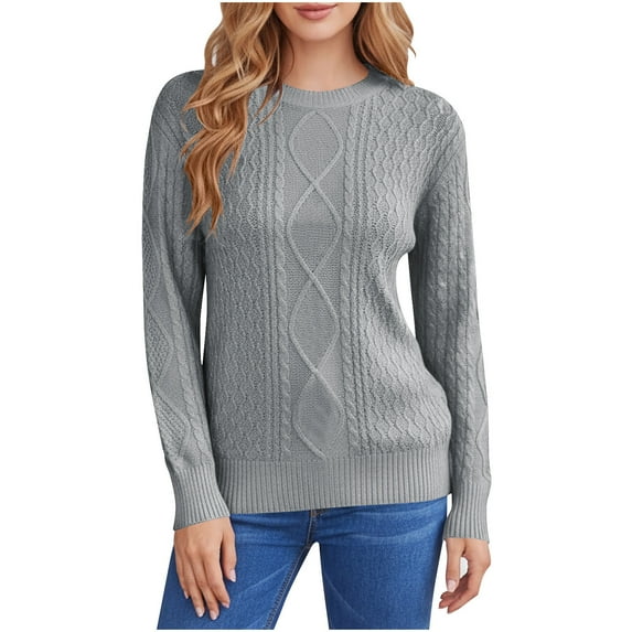 Cable Knit Sweaters for Women Trendy Fall Winter Loose Fit Crewneck Pullover Solid Color Casual Long Sleeve Tops (XL, Gray)