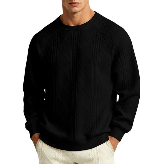 Cable Knit Sweatshirts for Men Crewneck Pullover Long Sleeve Casual Tops | Soft Textured Knit Rib Cuffs Mens Sweatshirt Fall Winter Daily Home Wear Black,XXXXXL