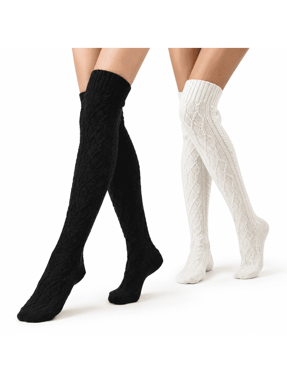 Cable Knit Thigh High Socks, Black + White One Size, Winter Leg Warmers Stockings
