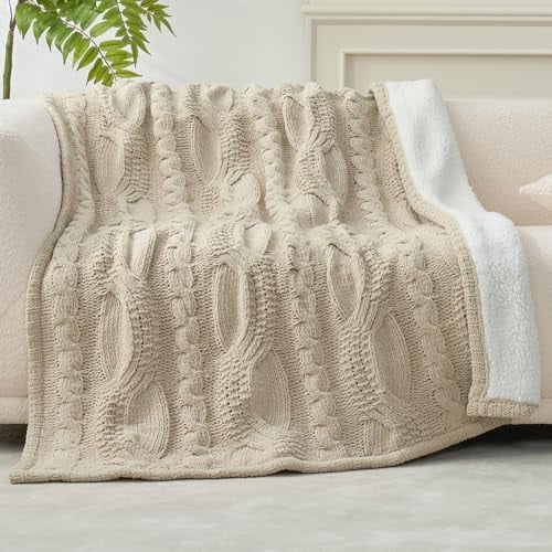 Cable Knit Throw Blanket for Couch, Chenille Sherpa Soft Cozy Throw Blankets for Sofa Chair Comfortable Home, 50"x60", Beige