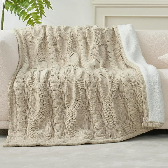 Cable Knit Throw Blanket for Couch, Chenille Sherpa Soft Cozy Throw Blankets for Sofa Chair Comfortable Home, 50"x60", Beige