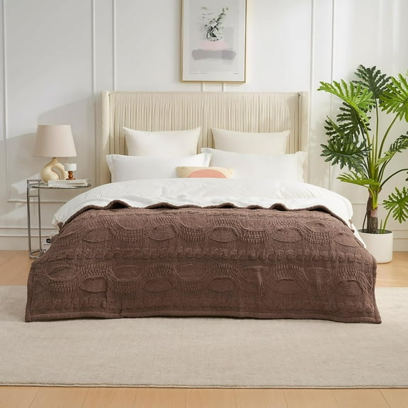Cable Knit Throw Blanket for Couch Twin, Chenille Sherpa Soft Cozy Throw Blankets for Sofa Chair Comfortable Home, 60"x80", Brown