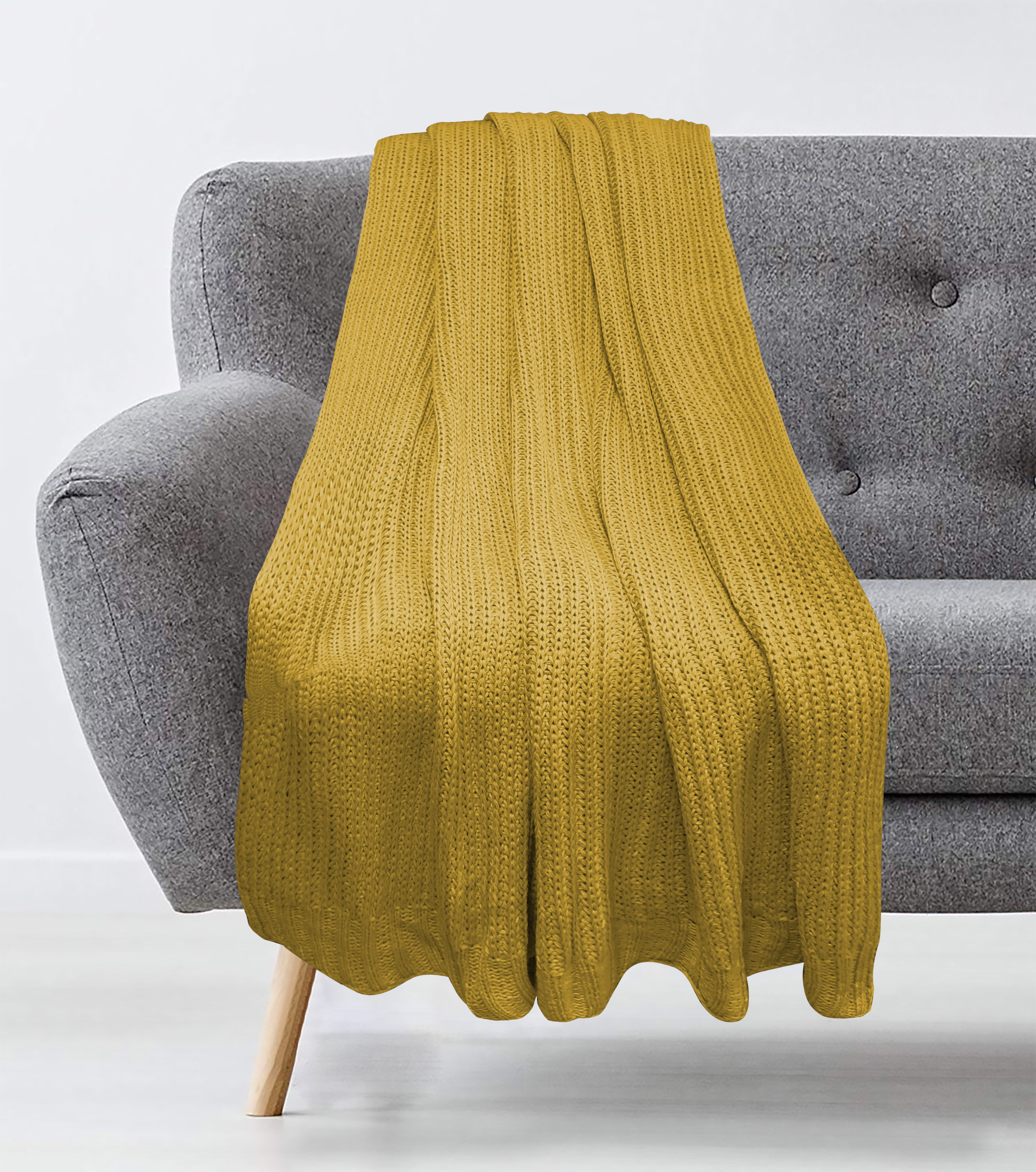Cable Knit Throw Stripe Dark Yellow 50x60