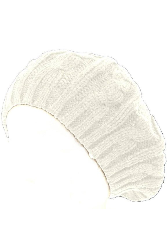 Cable Knit Winter Ski Beret Knit Tam Skull Cap - White