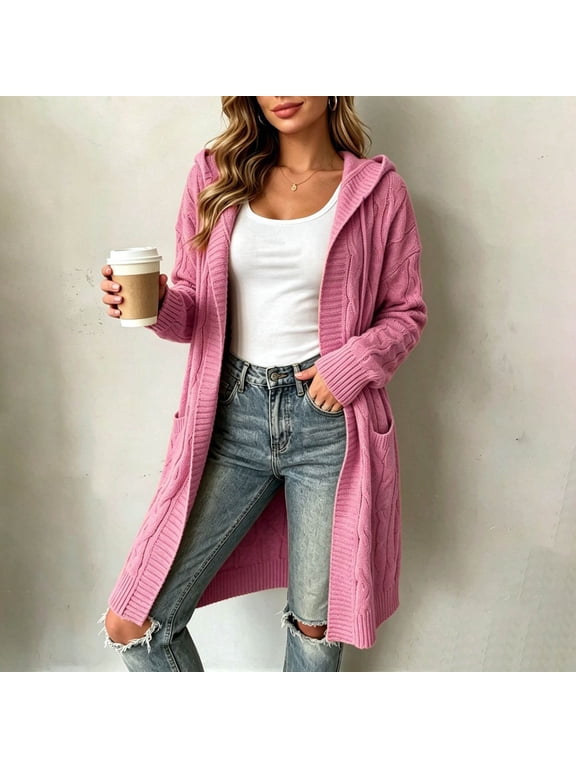 Cable Knit Women Cardigan Sweater Burgundy Hooded Long Duster Coat With Pockets Open Front Top S-3XL