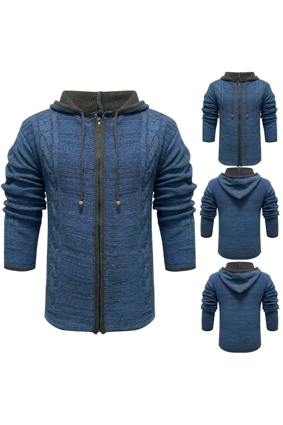 Cable Knitted Hoodies for Men Heavy Warm Sherpa Fleece Lined Jacquard Jackets Zip Up Thick Cardigan Sweater Coats