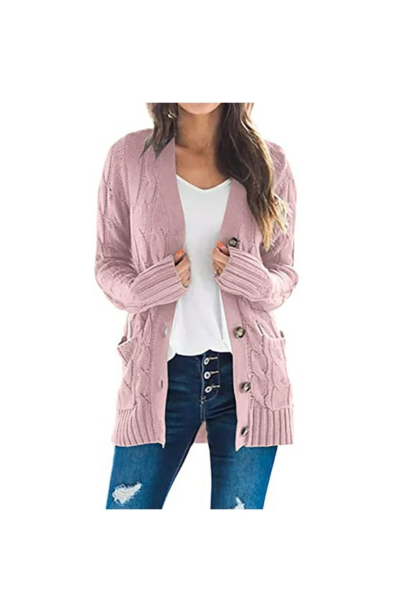 Cable Knitted Sweater Cardigans for Women Cozy Warm Open Front Button Down Jacket Outerwear with Pockets (XL, Pink)