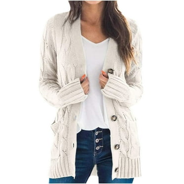 Cable Knitted Sweater Cardigans for Women Cozy Warm Open Front Button Down Jacket Outerwear with Pockets (XL, White)