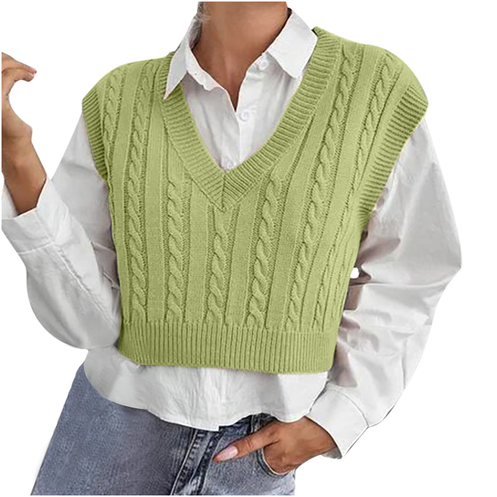 Cable Knitted Sweater Vest for Women Sleeveless V Neck Solid