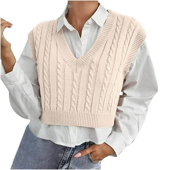 Cable Knitted Sweater Vest for Women Sleeveless V Neck Solid Color Pullover Short Sweater Trendy Tank Jumper Khaki,L