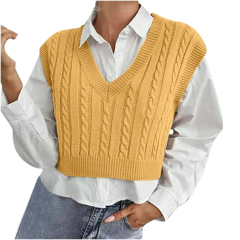 Cable Knitted Sweater Vest for Women Sleeveless V Neck Solid Color