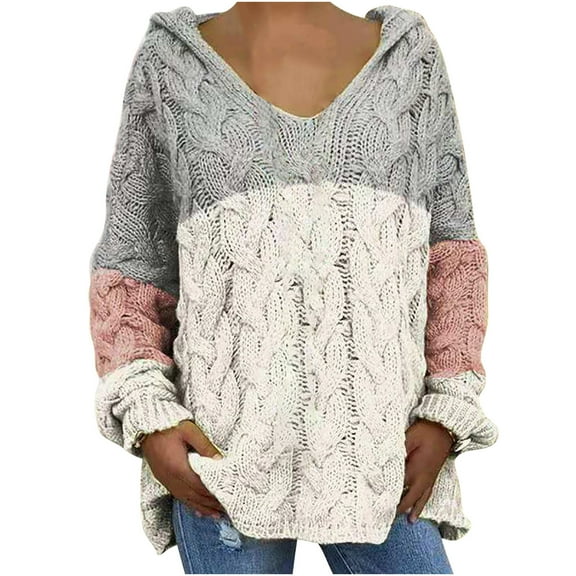 Cable Knitted Sweaters for Women with Hood Loose V Neck Striped Patchwork Pullover Sweater Tops Oversized Outerwear