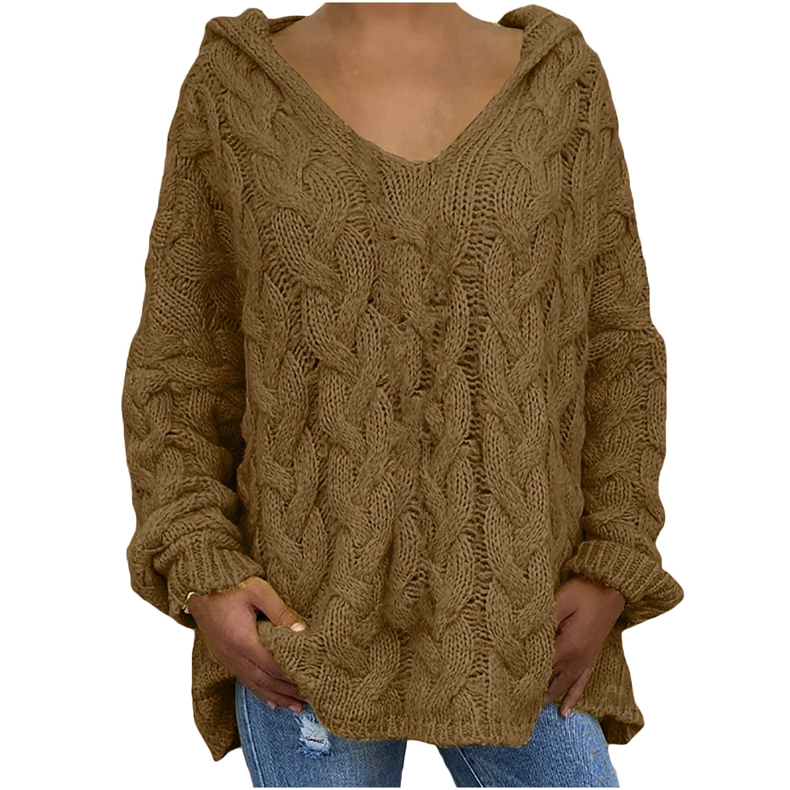 Cable Knitted Sweaters for Women with Hood Loose V Neck Cable Knitted Sweaters for Women with Hood Loose V Neck