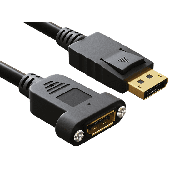 Cable Leader 1ft DisplayPort 1.2 Panel Mount Male to Female DisplayPort Adapter Extension Cable with Latches, 28 AWG, Black