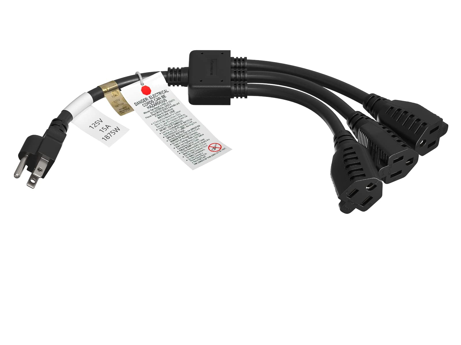 Cable Leader 36in 1 NEMA 5-15P to 3 NEMA 5-15R Power Extension Cord Splitter Cable 14 AWG