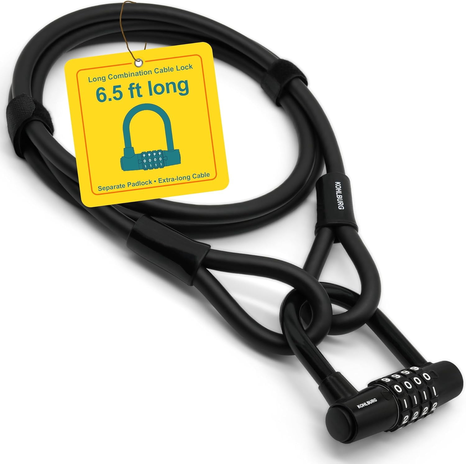 Cable Lock 6.5ft / 2 Meter Long with Code – 79” / 200cm Combination Lock – Steel Cable Lock with Hook & Loop Straps – Steel Cable with Number Padlock for Bicycle, Garden Furniture & Bike Lock