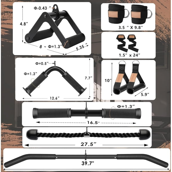 Cable Machine Attachment Set LAT Pulldown Attachments ,Cable Machine Accessories for Home Gym Weight Workout 8 pcs Include LAT Pulldown Bar,Double D Bar, Tricep Rope,V Bar