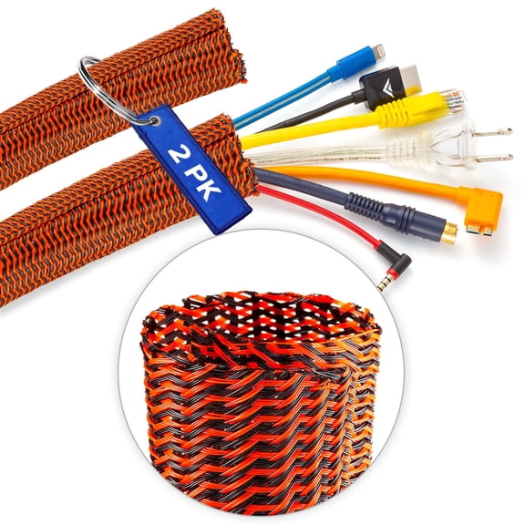 Maximm 10ft Braided Cable Sleeve, 1/2 Inch Split Wire Loom Organizer for Home and Office, Black/Orange, 2-Pack