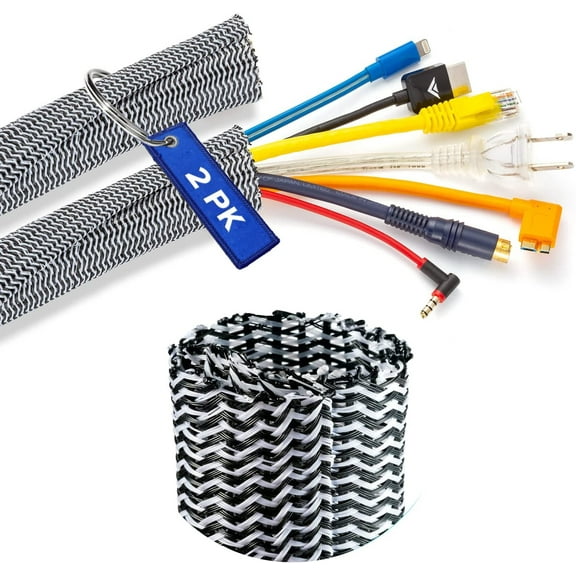 Cable Management, 10 ft Long, 1/2 in. Wide, Braided Cable Sleeve, Wire Loom Split Sleeving for Power Audio and Video Cable Desk Organizer, Black / White (2 Pack)