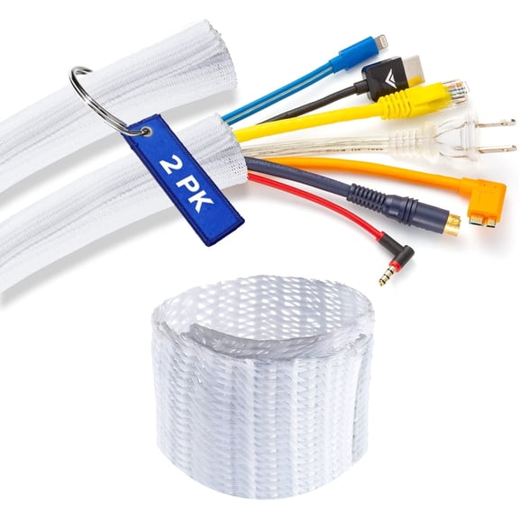 Maximm Braided Split Sleeving Cable Management Wire Loom, 10 ft 1/2 in, White, 2 Pack