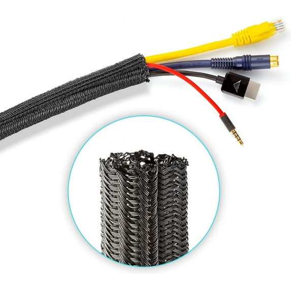 Cable Management, 12 ft Long, 3/8 in. Wide, Braided Cable Sleeve, Wire Loom Split Sleeving for Power Audio and Video Cable Desk Organizer, Black