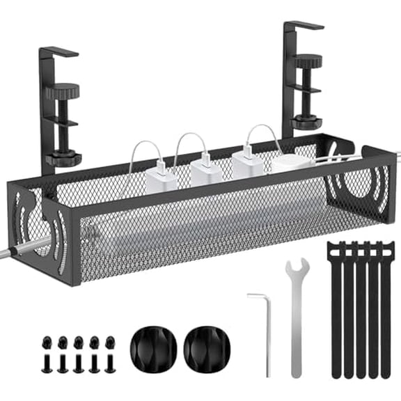 Cable Management, 15'' Under Desk Cable Management Tray No Drill, Metal Cable Organizer with Clamp for Wire Management, Cord Organizer for Home Office, Desk Accessories Organizer, Black