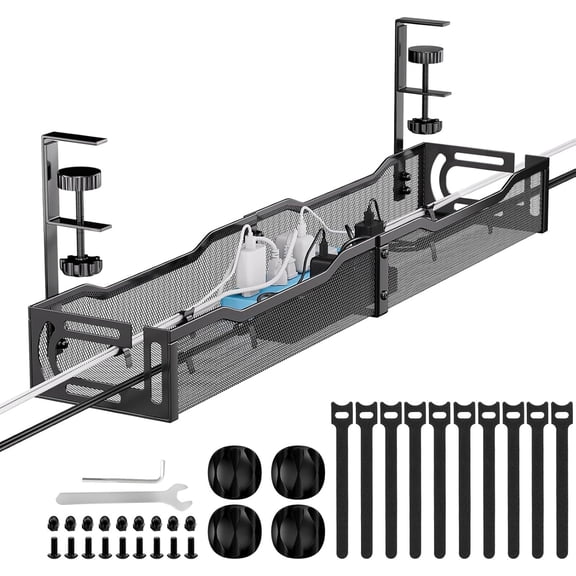 Cable Management, 25'' Cable Management Under Desk No Drill, Ml Cord Organier with Clamp for Standing Desk, Cable Organier for Office, Black