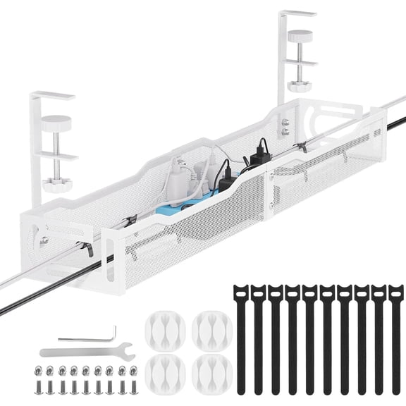 Cable Management, 25'' Cable Management Under Desk No Drill, Ml Cord Organier with Clamp for Standing Desk, Cable Organier for Office, White