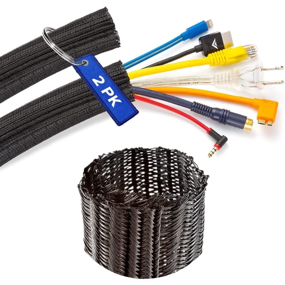 Cable Management, 3 ft Long, 1 in. Wide, Braided Cable Sleeve, Wire Loom Split Sleeving for Power Audio and Video Cable Desk Organizer, Black (2 Pack)
