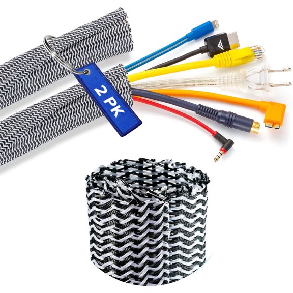 Cable Management, 3 ft Long, 1 in. Wide, Braided Cable Sleeve, Wire Loom Split Sleeving for Power Audio and Video Cable Desk Organizer, Black / White (2 Pack)