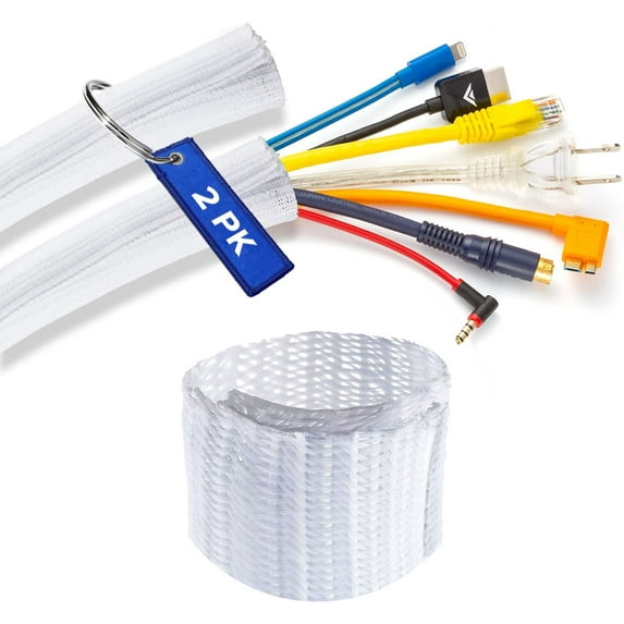 Cable Management, 3 ft Long, 1 in. Wide, Braided Cable Sleeve, Wire Loom Split Sleeving for Power Audio and Video Cable Desk Organizer, White (2 Pack)