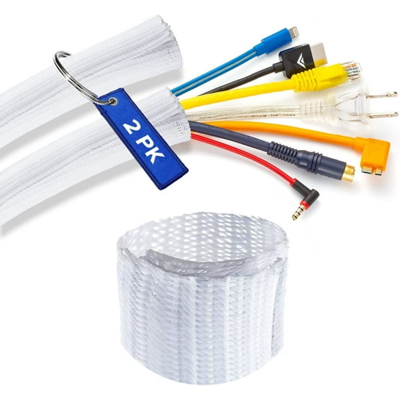 Cable Management, 6 ft Long, 1 in. Wide, Braided Cable Sleeve, Wire Loom Split Sleeving for Power Audio and Video Cable Desk Organizer, White (2 Pack)