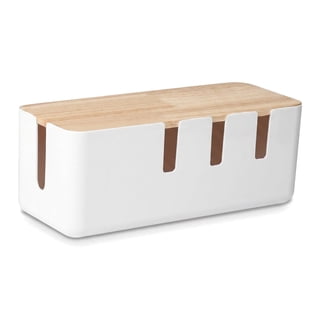 Cable Management Box with Wood Lid, 12 x 5 x 4.5 Inch Cord Organizer for Desk, TV and Computer, Power Strip and Cable Organizer, White