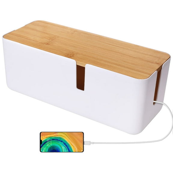 Cable Management Box - 12x5x4.5 inches, Cable Cover & Wood Lid, Cord Organizer for Desk TV Computer USB Hub System to Cover and Hide & Power Strips & Cords