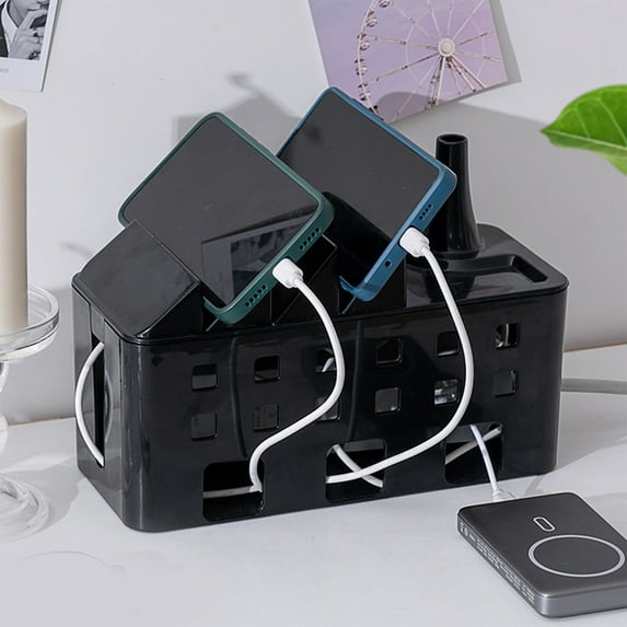 Cable Management Box by , 12x5x4.5 inches, Plastic Lid, Cord Organizer for Desk TV Computer USB Hub System to Cover and Hide & Power Strips & Cords, Black