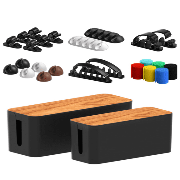 Cable Management Box 2 Pack with 16 Cable Clips Set, Wooden Style Cable Organizer Box to Hide Wires&Power Strips, Cable Organizer for Home & Office
