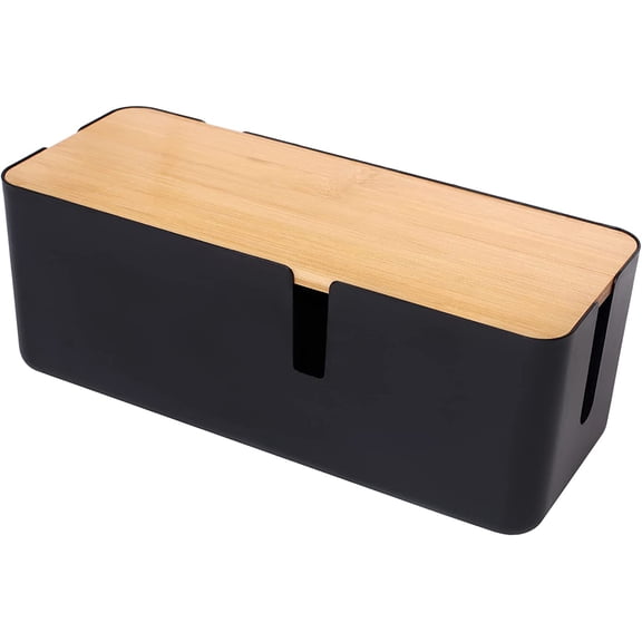 Cable Management Box with Bamboo Lid Small Cable Organizer Box for Extension Cord Power Stripe Surge Protector Wire Management Concealer Organizer Cover Hider (Black)